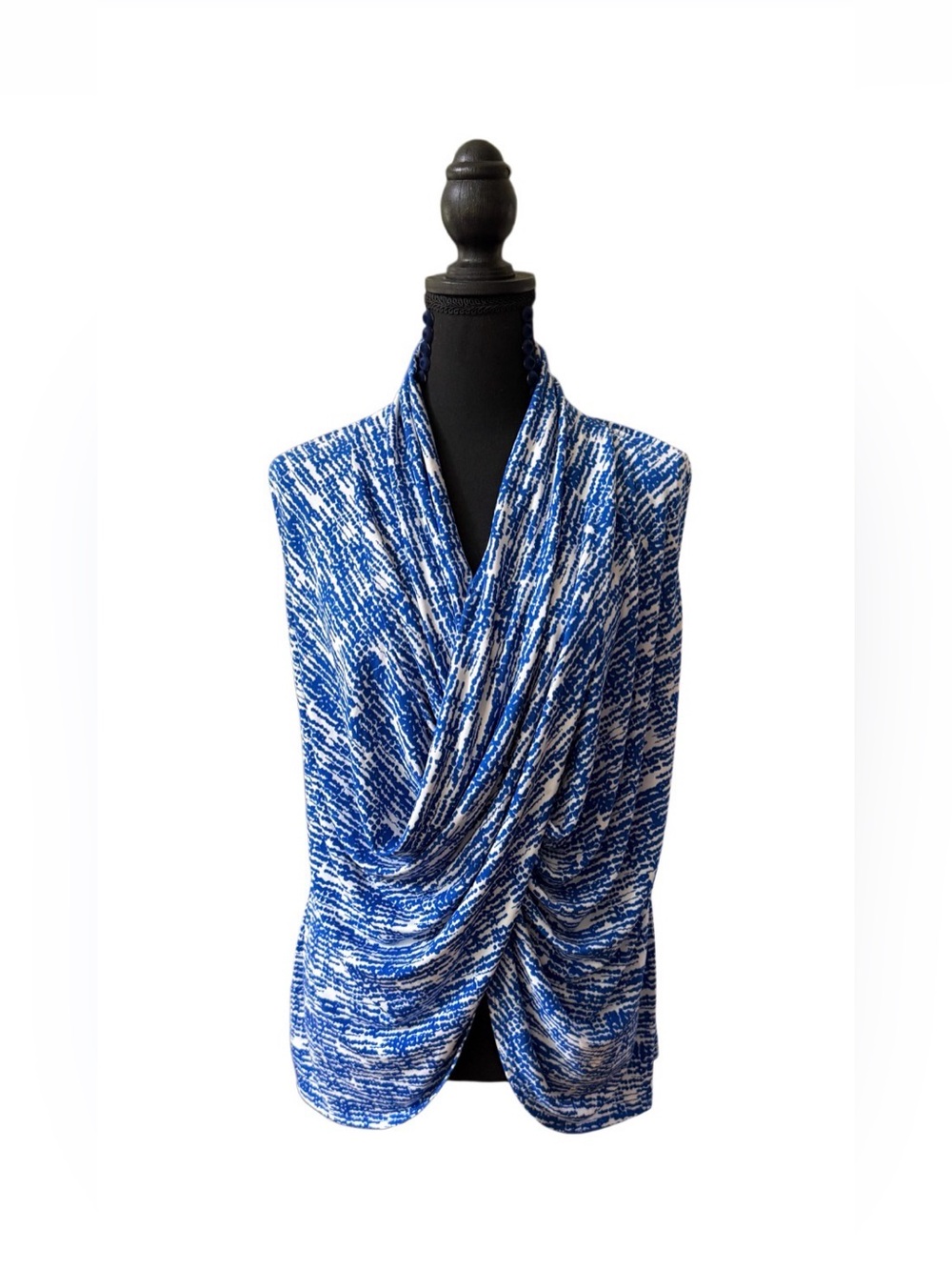 Chaus Blue & White Draped Crossover Tunic Blouse